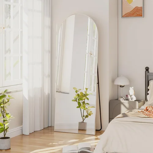 Miniatura 8 de Espejo de longitud completa de 56 x 16 pulgadas, espejo arqueado con soporte de pared, espejo de cuerpo completo plateado, para colocar de pie, Plata