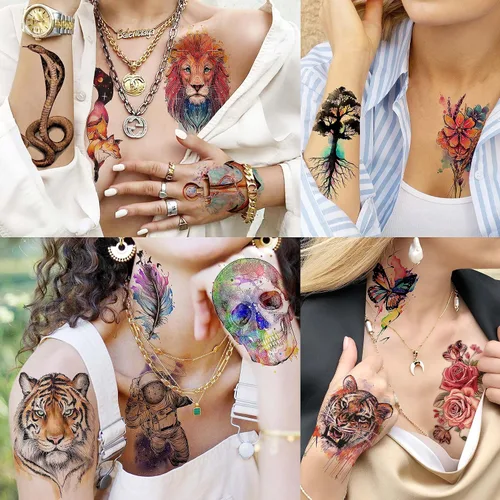 Miniatura 5 de VANTATY 55 hojas de tatuajes temporales de acuarela 3D para mujeres, hombres, adultos y niños, estampado de animales realistas, tribal, floral