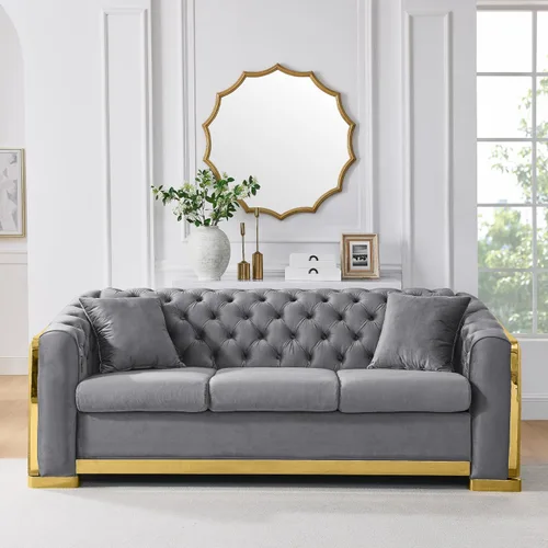 Miniatura 3 de KEIKI Sofá Chesterfield de terciopelo de lujo de gran tamaño de 81 pulgadas con decoración de acero inoxidable dorado, sofá de 3 plazas