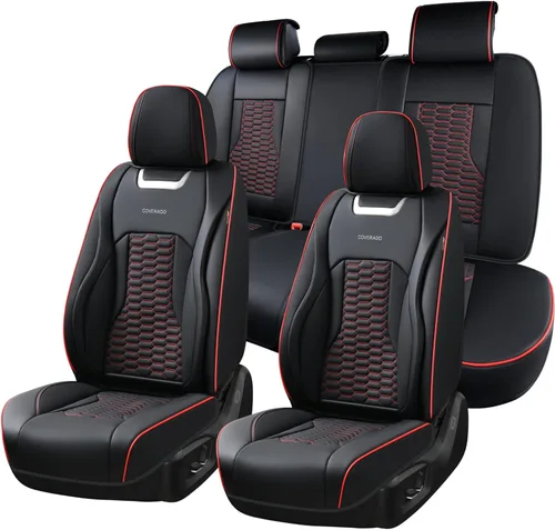 Miniatura 41 de Coverado Juego completo de fundas de asiento de automóvil, fundas rojas para asientos delanteros y traseros, de piel de napa impermeable, cojín