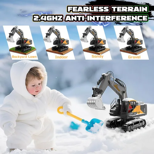 Miniatura 6 de Excavadora de juguete a control remoto para niños de 3 años, vehículo de construcción RC con aerosol, batería recargable/rotación de 680°, pala