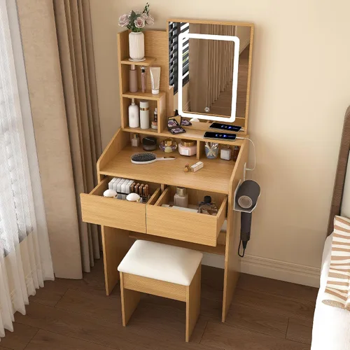 Miniatura 9 de Escritorio pequeño con espejo y luces, mesa de tocador de maquillaje con toma de corriente, 3 cajones y 4 estantes y taburete, juego de tocador