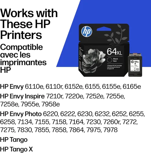 Miniatura 2 de HP Cartucho de tinta negro de alto rendimiento 64XL Funciona con Envy Inspire 7250e, 7950e; Envy Photo 6200, 7100, 7200, 7800, 7900; Serie Tango