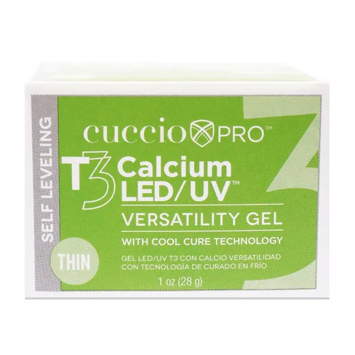 Cuccio Pro T3 Gel de versatilidad Cool Cure LED/UV, gel autonivelante con calcio, increíblemente flexible, fuerte adherencia, acabado de alto