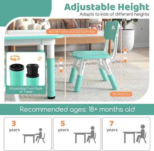 Miniatura 3 de Costzon Juego de mesa y 4 sillas para niños, escritorio y sillas para niños pequeños de altura ajustable con escritorio de graffiti, patas Verde