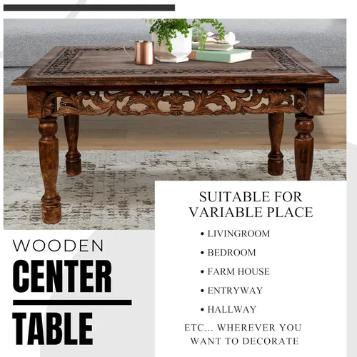 Miniatura 5 de Mesa de café rectangular de madera con talla Jali, mesa de café estilo granja, mesa rústica central, estilo de mediados de siglo, muebles rústicos