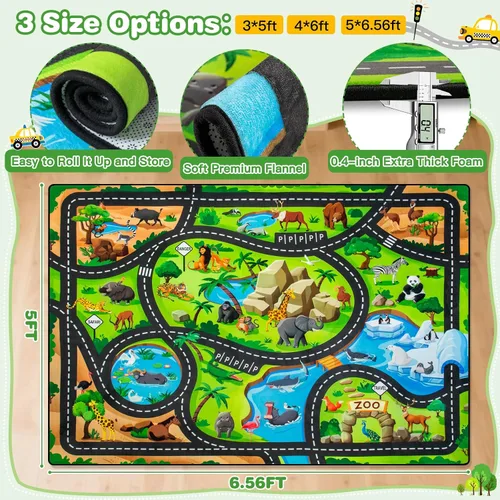 Miniatura 2 de AlfabetoAcre Alfombra para Niños, 5x7 pies Alfombras de Coches Animales para Niños, Extra Gruesa (0.4 pulgadas) - Alfombra de Carretera de Zoológico