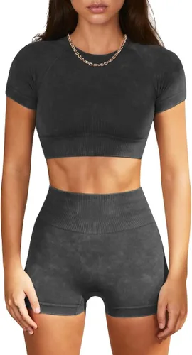 OLCHEE Conjuntos de entrenamiento para mujer de 2 piezas trajes de yoga sin costuras con lavado ácido pantalones cortos y manga corta ropa deportiva