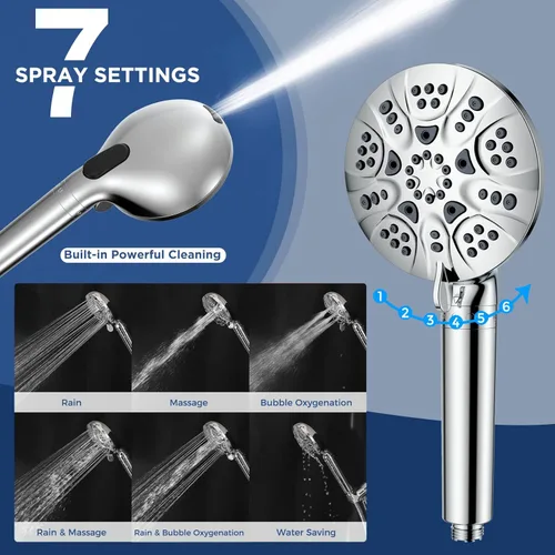 Miniatura 3 de HOPOPRO Cabezal de ducha de mano de 7 ajustes con lavado a presión integrado, cromo ABS pulido, manguera de acero inoxidable de 71 pulgadas, soporte