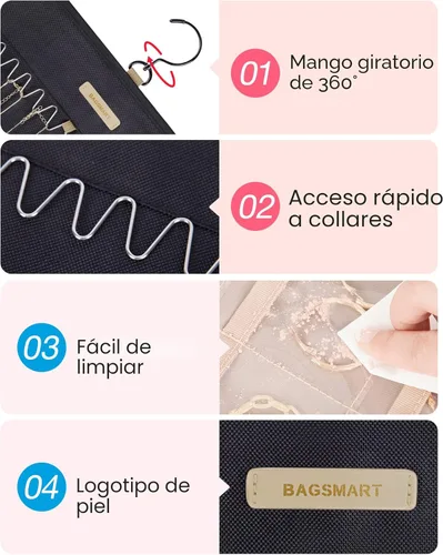 Miniatura 4 de BAGSMART Organizador de joyas colgante rollo de almacenamiento con ganchos de metal de doble cara para aretes, collares, anillos en el armario, Negro