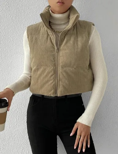 Miniatura 2 de Gihuo Chaleco acolchado de pana para mujer, con cuello alto, con cremallera, acolchado, sin mangas, chaleco