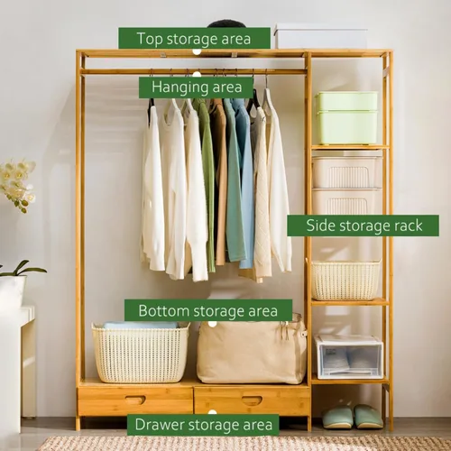 Miniatura 4 de Multifunctional Bamboo Clothes Rail Stand with Hanging Rod,Sturdy Freestanding Coat,Garment Rack,Open Wardrobe for Bedroom Hallway,Clothing Hanger