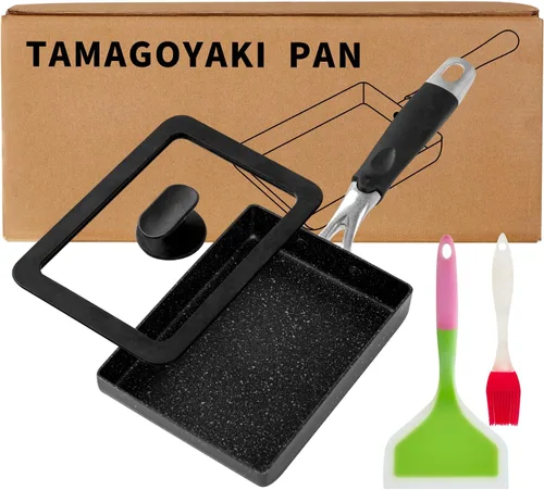 Sartén Tamagoyaki prémium de 7 x 5 pulgadas, sartén para tortilla japonesa antiadherente, sartén japonesa para huevos con tapa y cepillo de aceite