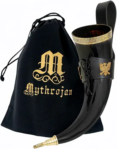 Mythrojan Cuerno vikingo para beber 100% natural, auténtico, decoración de latón, cuerno nórdico con funda de cuero negro, bolsa de lona para vino,