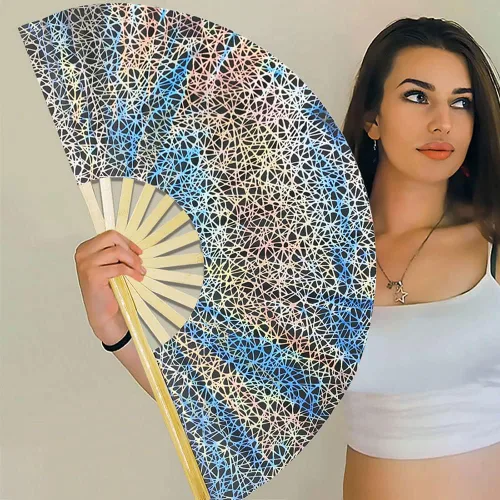 Miniatura 5 de Ventilador de mano plegable de bambú holográfico con funda para hombresmujeres, ventilador de mano para EDM, festival de música, club, extraño