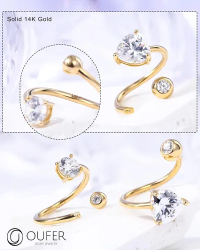 Miniatura 7 de OUFER Aretes de hélice torcida de 16G, anillo de labios de circonita cúbica transparente en forma de corazón de oro sólido de 14 quilates, joyería