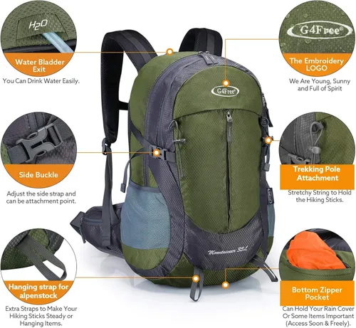 Miniatura 3 de G4Free Mochila de senderismo de 35 litros resistente al agua, para deportes al aire libre, viajes, ligera, con cubierta para lluvia, para mujeres