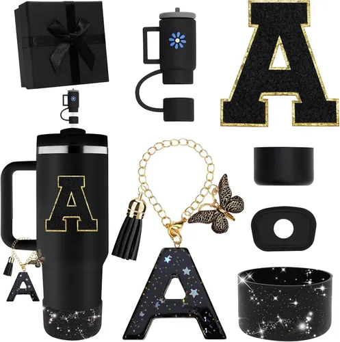 Accesorios Negros para Accesorios de Vaso Stanley 30OZ 40OZ, Caja de Regalo de Todos los Accesorios Contiene Adorno de Pajita con Flores, Bota de
