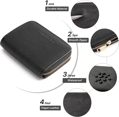 Miniatura 4 de CORALDAISY Cartera de piel vegana con tarjetero para tarjetas de crédito con cremallera, 1-negro, Mini