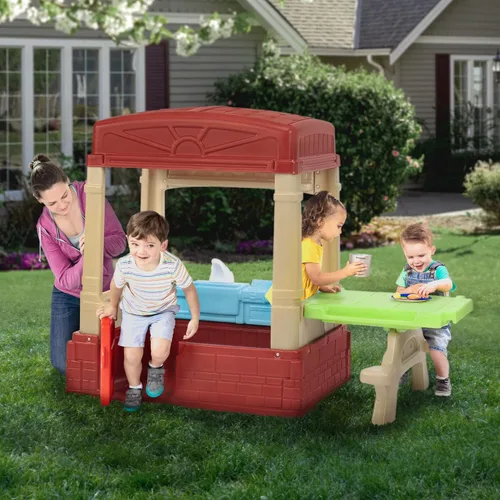 Miniatura 5 de Simplay3 Sunny Day Casa de campo de campo para interiores o exteriores, casa de juegos para niños pequeños y niños pequeños con cocina y mesa de Rojo