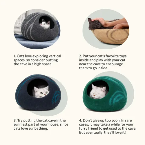 Miniatura 8 de MEOWFIA Cat Cave - Cama de fieltro prémium para gatos de interior, hecha a mano, 100% lana merina, gato (grande, esmeralda)