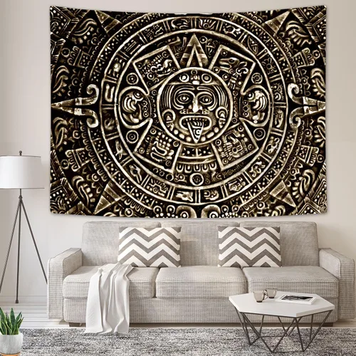 Miniatura 5 de Tapiz maya azteca para colgar en la pared, vista cercana de la historia del antiguo calendario azteca de la civilización maya, decoración artística