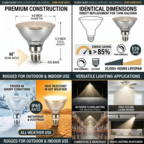Miniatura 3 de Reflector de vidrio PAR38 bombillas LED, luz blanca cálida, 18 W, luz de inundación para interiores y exteriores, impermeable, paquete de 4