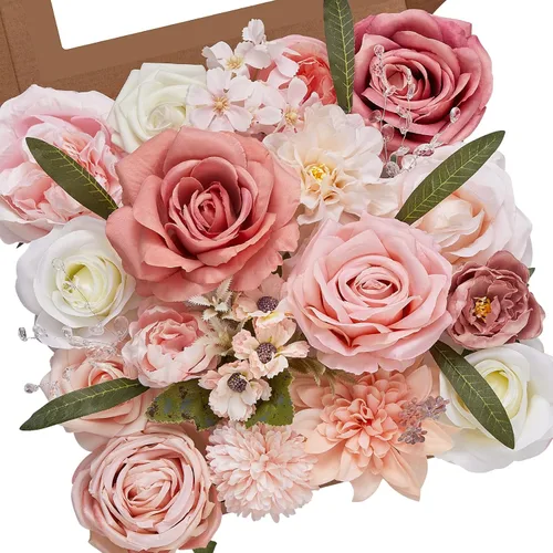 Miniatura 28 de Serwalin Flores de seda, flores artificiales burdeos para decoración de boda, rosas falsas rosas rosas y rojas con tallos y caja de vegetación, A