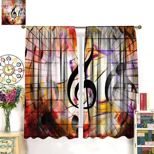 Miniatura 3 de Cortinas de notas musicales, rústicas, mágicas, notas musicales, arte retro, piano y violín, cortina con bolsillo para barra para dormitorio, sala