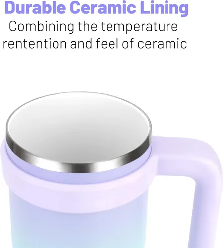 Miniatura 2 de Zukro Vaso de 20 onzas con asa, tapa y pajilla, forrado de cerámica, de acero inoxidable de doble pared aislada al vacío, tazas de café para hogar