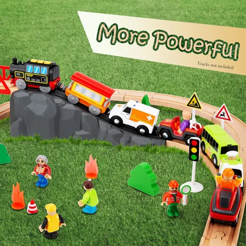 Miniatura 4 de Juego de tren de locomotora a pilas para vías de tren de madera, juguetes de tren eléctrico para niños pequeños, conexión magnética, potente juego