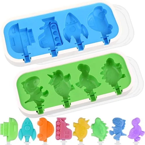 Miniatura 10 de Sakolla 2 paquetes de moldes de silicona para paletas, moldes de helado de diamante de 4 cavidades con 50 palos de madera para paletas de hielo