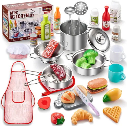 Shimirth Juego de 37 piezas de accesorios de cocina para niños, juego de cocina de acero inoxidable, juego de ollas y sartenes para niños, delantal