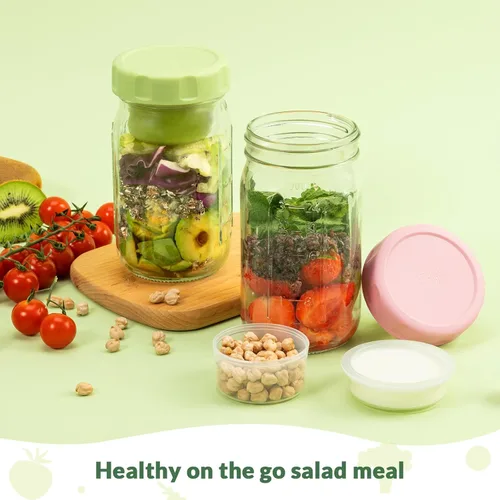 Miniatura 5 de SOLIGT Paquete de 4 tarros de ensalada de vidrio con tapas para preparación de comidas, recipiente a prueba de fugas para el almuerzo, con vasos