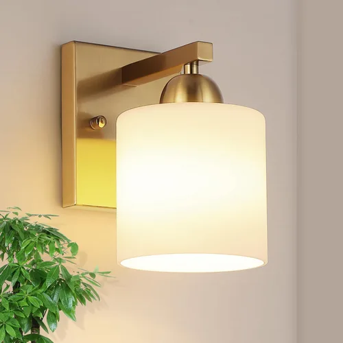 Miniatura 8 de Mecgirn Luces de tocador de vidrio de leche de acero inoxidable para baño, 2 lámparas de baño doradas claras sobre espejo, enchufes E26 de cerámica
