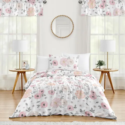 Sweet Jojo Designs Juego de edredón individual de 2 piezas (rosa y gris bohemio floral) para niñas, niños, adolescentes, dormitorio universitario