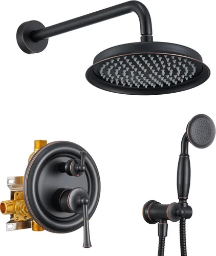 Miniatura 11 de Cabezal de ducha de lluvia con combo de mano, sistema de ducha dorado cepillado con válvula de presión de equilibrio, cabezal de ducha de 9 pulgadas