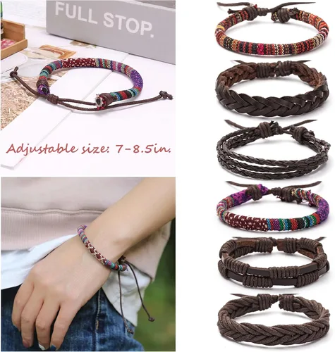 Miniatura 3 de MOZAKA 36 pulseras de cuero trenzado para hombres y mujeres, hechas a mano, pulseras de cuentas de madera, pulseras étnicas tribales vintage, juego