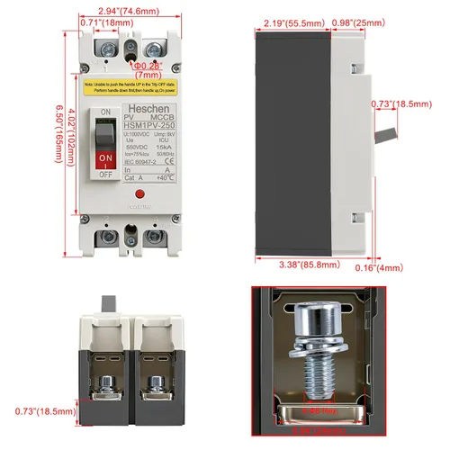 Miniatura 2 de Heschen Disyuntor de caja moldeada CC MCCB, HSM1PV-250, 2 polos, disyuntor fotovoltaico DC550V, para sistema solar fotovoltaico Sistema de red