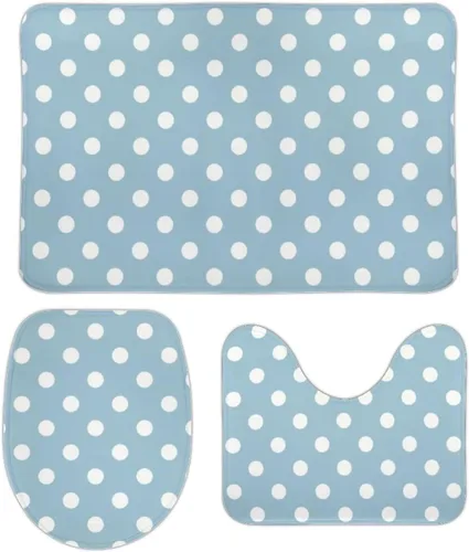 Miniatura 22 de Juego de 3 alfombras de baño con diseño de lunares, color azul aguamarina, antideslizante, con contorno en forma de U y tapa de inodoro