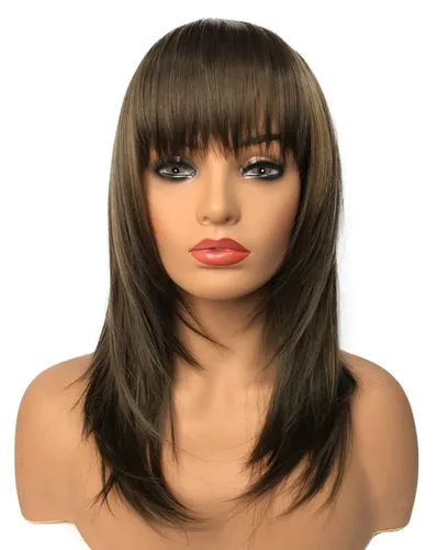 Miniatura 8 de Wiginway Peluca corta con flequillo oblicuo natural Yaki recta sintética para mujer, pelucas de color castaño oscuro, fibra natural resistente al