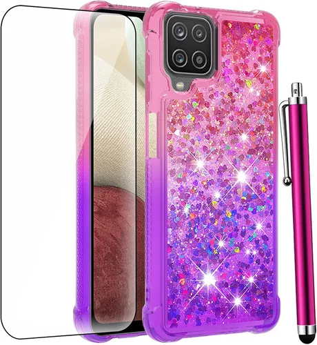 Miniatura 8 de Funda para Galaxy A12 con protector de pantalla de vidrio templado, con purpurina flotante líquida y brillante para mujeres y niñas, silicona TPU