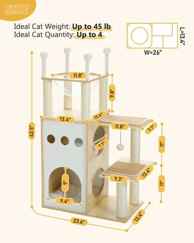 Miniatura 7 de MUTTROS Árbol moderno de madera para gatos de 42.5 pulgadas con condominio de 2 pisos, postes rascadores, nido de cápsulas y bolas colgantes