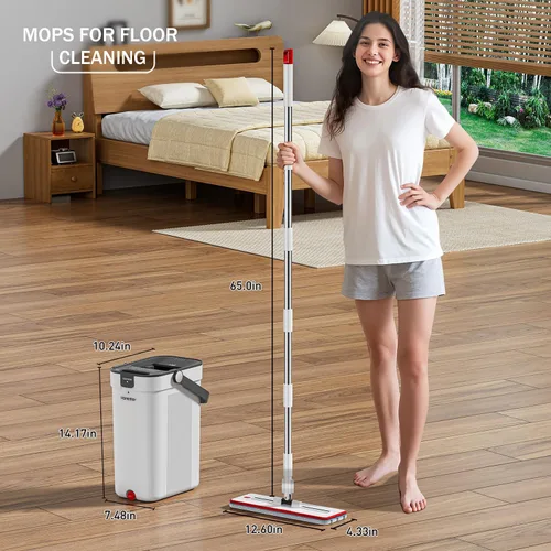 Miniatura 12 de HoMettler Juego de trapeador y cubeta, sistema de trapeador plano y cubeta con agua sucia y limpia separadas, trapeador de pared de 3