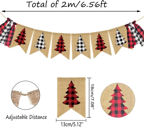 Miniatura 2 de Doumeny Pancarta de arpillera a cuadros de Navidad con diseño de búfalo para árbol de Navidad, guirnalda vintage de feliz Navidad, guirnalda
