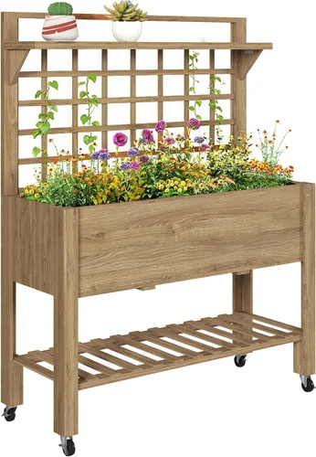 Miniatura 12 de Outsunny Cama de jardín elevada de 41 pulgadas con enrejado sobre ruedas, maceta elevada de madera con patas y forro de cama, para flores, hierbas