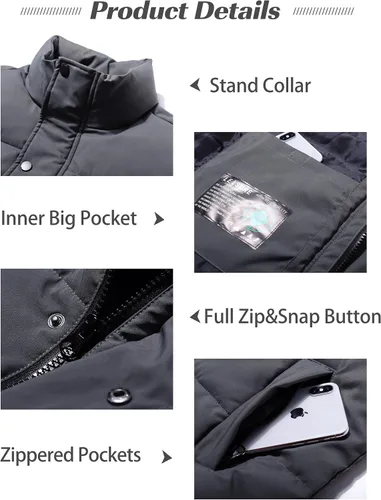 Miniatura 5 de Flygo Chaleco acolchado de invierno para hombre, chaleco ligero con cuello alto, chaqueta sin mangas