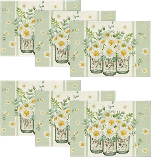 Miniatura 7 de Artoid Mode Juego de 4 manteles individuales con diseño de margaritas y hojas de eucalipto para mesa de comedor, 12 x 18 pulgadas, primavera