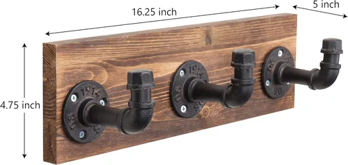 Miniatura 6 de MyGift Perchero de pared de madera quemada y perchero para sombreros con diseño de accesorio de tubería de 3 ganchos