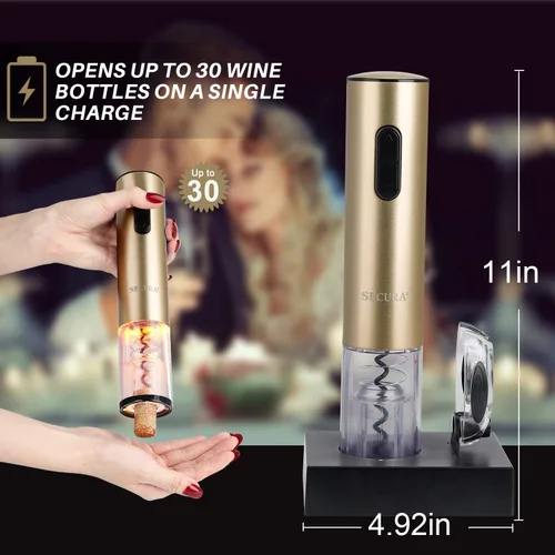 Miniatura 4 de Secura Abridor de vino eléctrico, sacacorchos automático de botellas con cortador de papel de aluminio, recargable (oro champán)